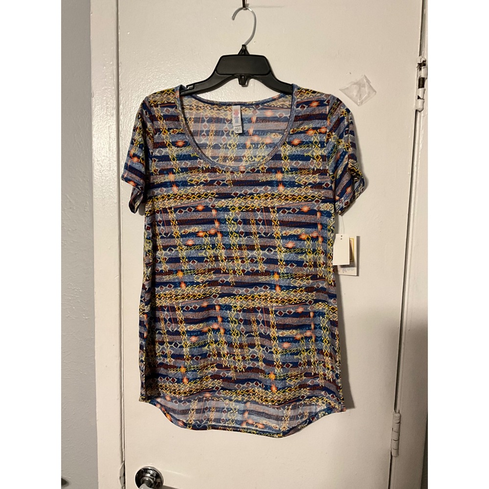 LuLaRoe Classic T-Shirt Womens XS Blue Orange Aztec Geometric Tribal Scoop Neck
